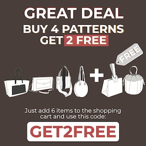 Pu&ograve; includere: Una grafica che promuove un'offerta su modelli per borse. Acquista 4 modelli e ricevi 2 gratis. Utilizza il codice GET2FREE. La grafica mostra sei diversi modelli di borse.