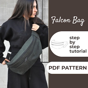 May include: A dark green Falcon Bag, a fanny pack style bag with a zipper closure. The image includes the text "Falcon Bag", "step by step tutorial", and "PDF PATTERN". The bag is worn across the body.