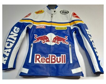 Neue Handicraft Red Bull Jacke für Herren - Motorrad-Biker Racing Jacke | Vintage Leder Streetwear Jacke | Echte Blaue Lederjacke Red Bull