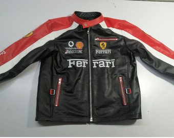 Schwarze Ferrari F1 Racing-Jacke aus echtem Rindsleder in limitierter Auflage | Formel F1 Café Racer 90er Vintage Biker Stylische Jacke| Handgefertigte Jacke