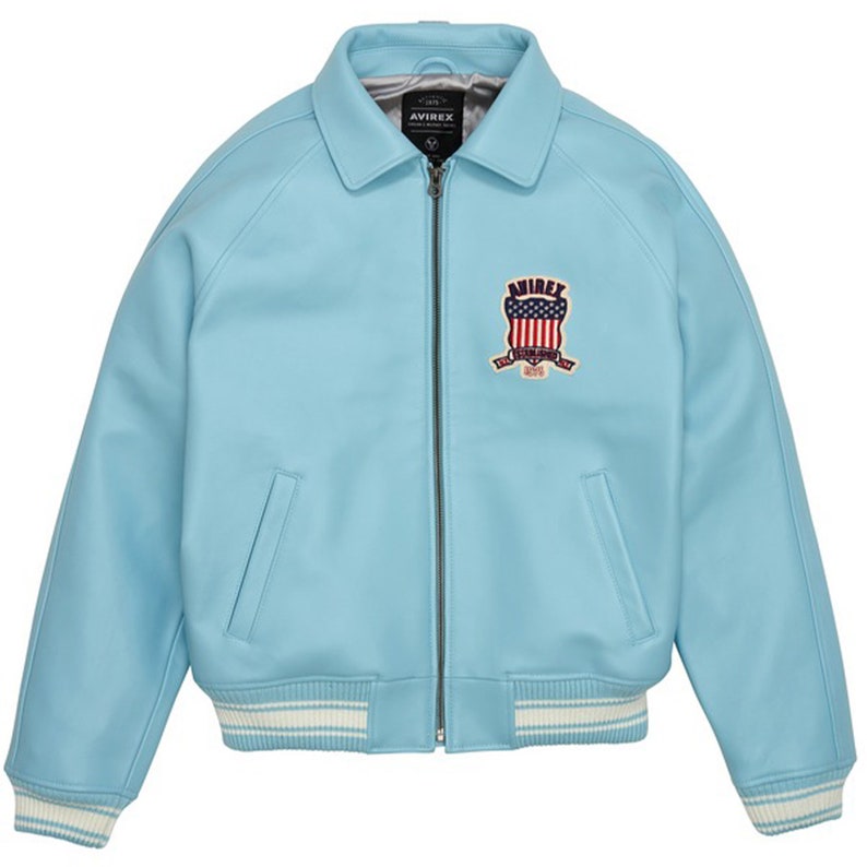 Herren Avirex Sky Blue American Flight Iconic USA Patches Militärische Bomberjacke Handgefertigte antike Mode Streetwear Lederjacken & Mantel Bild 2