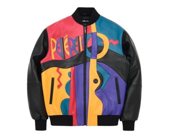 Neue Herren Pelle Pelle Picasso Plüsch Lederjacke - Mehrfarbige Bomberjacke aus echtem Rindsleder | Exklusives Pelle Pelle Design