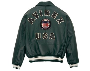 Herren Avirex Olivgrüne amerikanische Fliegerjacke | Ikonische Militär-Bomberjacke mit USA-Patches | Handgefertigte modische Lederbekleidung | Geschenk für Ihn