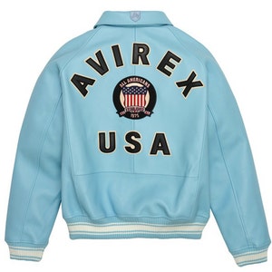 Herren Avirex Sky Blue American Flight Iconic USA Patches Militärische Bomberjacke Handgefertigte antike Mode Streetwear Lederjacken & Mantel Bild 1