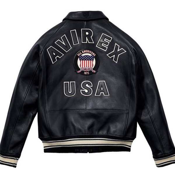 Avirex USA Edition Icon Militär Bomber Schwarze Lederjacke | Handgefertigte Avirex American Flight Herrenmode Jacken | Perfektes Geschenk für ihn