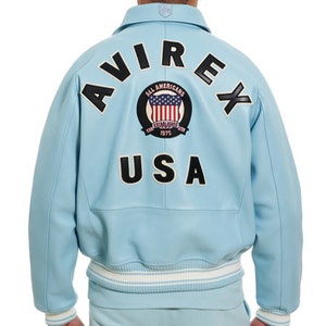 Herren Avirex Sky Blue American Flight Iconic USA Patches Militärische Bomberjacke Handgefertigte antike Mode Streetwear Lederjacken & Mantel Bild 3