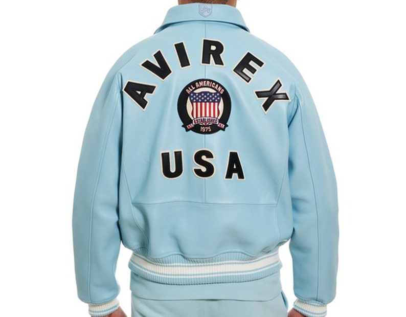 Herren Avirex Sky Blue American Flight Iconic USA Patches Militärische Bomberjacke Handgefertigte antike Mode Streetwear Lederjacken & Mantel Bild 3