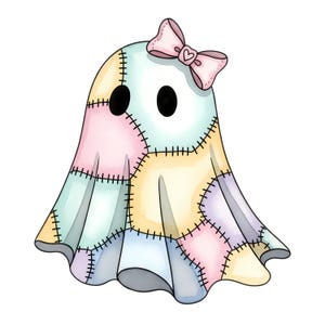 May include: A cute ghost illustration with a patchwork design in pastel shades. The ghost has black eyes and a pink bow with a heart. The patches are sewn together with black stitches, creating a unique and charming design.