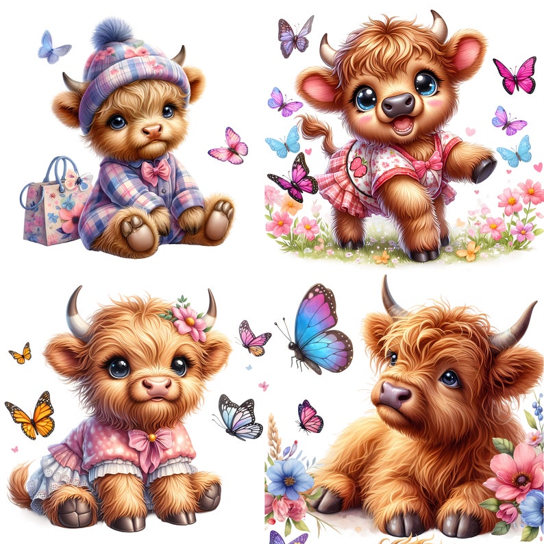 Highland cow in pink gingham dress, cute butterflies. Highland cow in pretty pink dress, flowers and butterflies. Highland cow in pretty pink dress flower in hair butterflys. Gorgeous highland cow with blue eyes, flowers, looking at pretty butterfly
