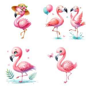 Cute pink flamingo wearing a hat with flowers. 2 cute flamingos dancing in water, red and blue balloons. Unsure looking flamingo standing in puddle, leaves, hearts. Cute flamingo with eyelashes on one foot next to a butterfly. Female Flamingo Clipart