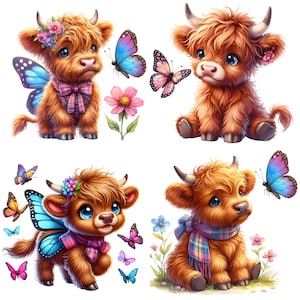 Cute Highland cow with wings looking at a purple butterfly. pretty highland cow with pink butterfly. Pretty highland cow with blue wings and colorful butterflies. Cartoon Highland cow with colorful scarf looking at pretty butterfly