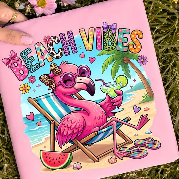 Summer Flamingo Beach Vibes Tshirt png, Preppy Pink Flamingo Drinking a Cocktail (Digital Download)