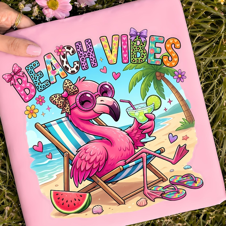 Summer Flamingo Beach Vibes tshirt png. Pink, purple, green, blue, yellow and orange bold pretty beach vibes writing, the words say BEACH VIBES, each letter is a different color with a pattern, leopard print, cow print, hearts, and flowers, and there are coquette bows on some of the letters. Underneath the words is a preppy pink flamingo, sitting in a beach chair at the beach, she is holding a margarita cocktail drink, and she has watermelon and flip flops nearby. sunny summer beach vibe fun