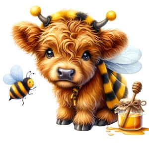 Highland Cow Bee Clipart Cute Cartoon Highland Cow Bee Clip Art png Digital Download Watercolor Highland Cow Bee Printable Images Cute Print