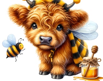 Highland Cow Bee Clipart Cute Cartoon Highland Cow Bee Clip Art png Digital Download Watercolor Highland Cow Bee Printable Images Cute Print