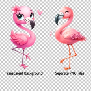 Cute Flamingos with transparent background. Each Flamingo is a separate png file. You get 10 separate png files