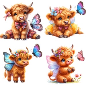 Highland cow with a checkered bow multicolor butterfly. Highland Cow wearing a Butterfly costume. Highland Cow wearing a cute butterfly costume looking at a bee. Highland Cow with flowers in hair, wearing butterfly wings, looking at a pink butterfly