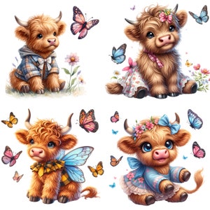 Cute highland cow wearing jacket looking at pink butterfly. Pretty Highland cow with colorful butterflies. Cute Highland cow with blue eyes and blue wings butterflies. highland cow with multicolor butterfly wings, pretty butterflies surrounding her