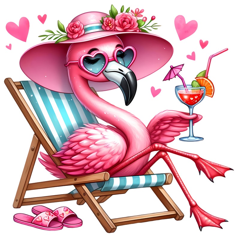 May include: A pink flamingo wearing sunglasses and a pink hat sits in a blue and white striped beach chair. The flamingo is holding a glass of red liquid with a straw and a slice of orange. There are pink hearts in the background.