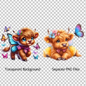 Cute Highland Cows and Butterflies with transparent background. Each Highland Cow + Butterflies is a separate png file. You get 20 separate png files