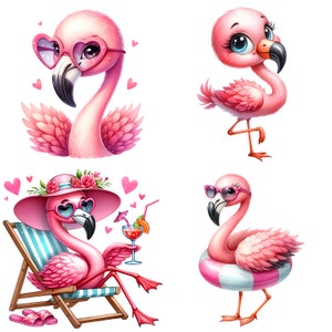 Gorgeous Flamingo with pink heart glasses. Pretty pink flamingo with big beak and big eyes. Gorgeous fancy flamingo relaxing in a beach chair holding a cocktail drink with her wing. Cute Flamingo sitting in a pool floaty.