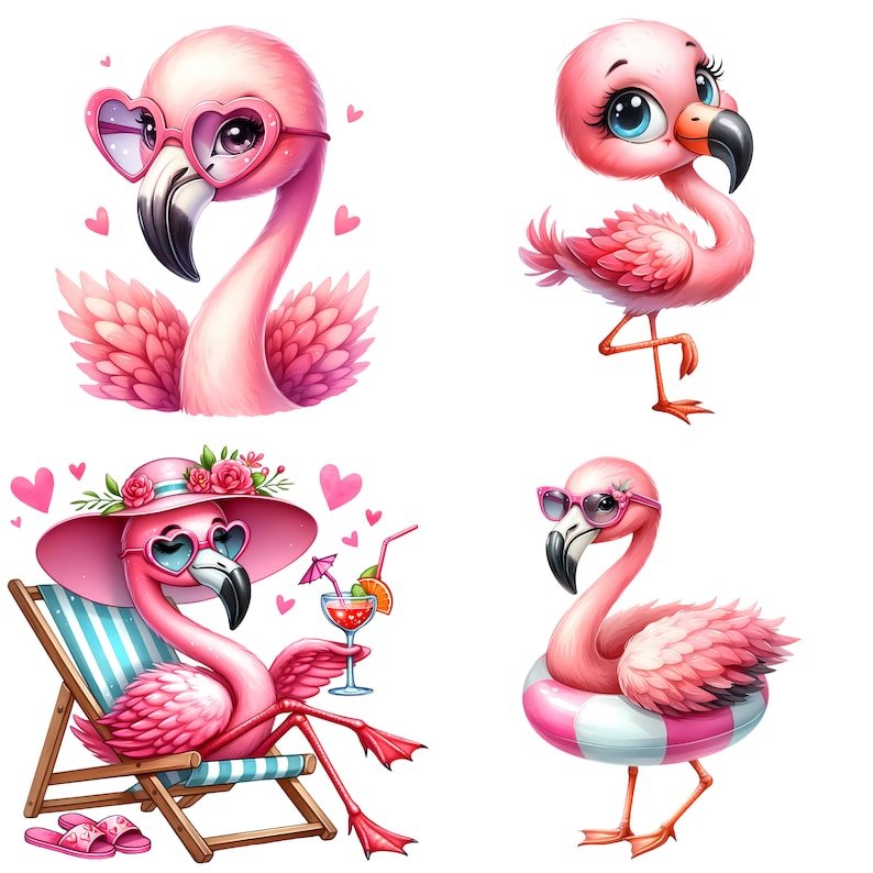 Gorgeous Flamingo with pink heart glasses. Pretty pink flamingo with big beak and big eyes. Gorgeous fancy flamingo relaxing in a beach chair holding a cocktail drink with her wing. Cute Flamingo sitting in a pool floaty.