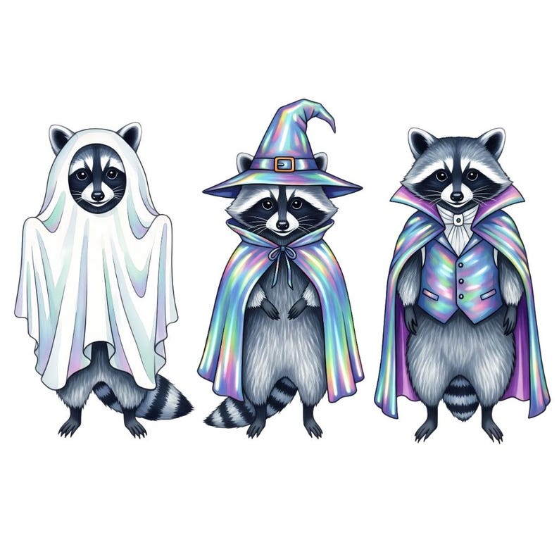 Iridescent Halloween Raccoon PNG: Funny, Witch, Vampire, Ghost Costumes ...