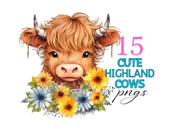 Highland Cow Clipart PNG Set, Floral Design (Digital Download)