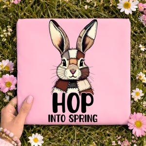 Faux Patchwork Bunny påsk PNG, Hop into Spring Clipart (digital nedladdning)