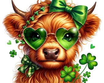 St Patrick's Day Highland Cow PNG, Cow Butterfly Clipart Cute St Patricks Day Cow png Digital Download Highland Cow Butterfly Printable Art