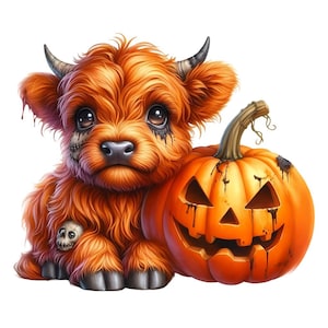 Immagine clipart di una mucca delle Highlands spettrale per Halloween, mucca fantasma carina in formato PNG (download digitale)