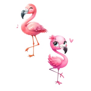 Cute Pink Flamingo clipart. One Flamingo is standing with it's eyes closed listening to music. One flamingo has big pretty eyes and flower in her hair, she is standing on one leg and has a pink heart beside her. Cute Flamingo Game Printable.