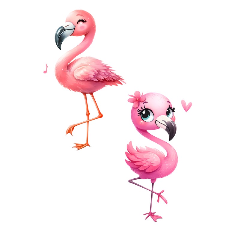 Cute Pink Flamingo clipart. One Flamingo is standing with it's eyes closed listening to music. One flamingo has big pretty eyes and flower in her hair, she is standing on one leg and has a pink heart beside her. Cute Flamingo Game Printable.
