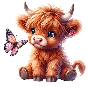 Highland Kuh Schmetterling Clipart, niedliche Cartoon Highland Kuh Schmetterlinge png Digital Download Highland Kuh Schmetterling druckbare Clip Art Print