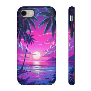 頑丈なスマホケース | ネオンサンセットパームビーチパラダイス | トロピカルオーシャンエスケープ | 鮮やかな海岸美学アート