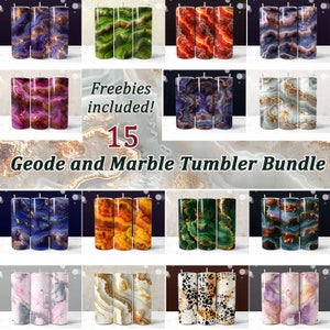 Peut inclure: Un ensemble de 15 designs de sublimation présentant des motifs de géode et de marbre dans différentes couleurs, notamment le violet, le vert, l'orange et le bleu. Les designs sont parfaits pour créer des gobelets, des tasses et autres articles personnalisés. Le texte "Freebies included!" est également visible sur l'image.