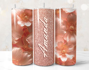 3D Rose Gold Glitter Tumbler Wrap, Floral Sublimation Design 20oz PNG (Digital Download)