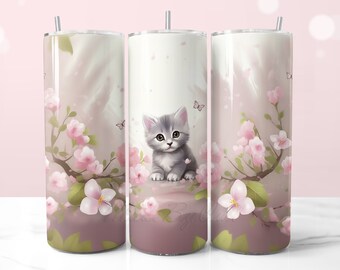 Graues Kätzchen mit rosa Blumen, Katzenbecherverpackung, Katzensublimation, 20 Unzen Skinny Tumbler PNG, Kätzchen Tumbler Wrap, Graues Kawaii Cat PNG Design
