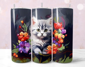 Niedliche graue Blumenkatze Tumbler Wrap PNG, Kätzchen Tumbler Wrap Sublimationsdesign für 20 Unzen Skinny Tumbler, Katzenliebhaber Geschenk, digitaler Download
