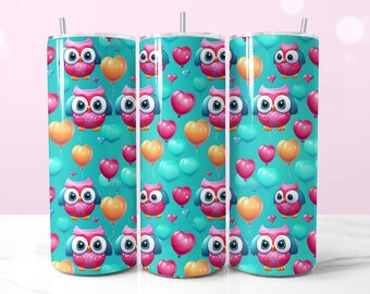 Lustiger Tumbler Wrap mit Eulen und Luftballons, Nahtloser Tumbler Wrap PNG, Eulenverzierung Sublimation 20 Unze Kinder Tumbler Wrap, niedliches Eulen-Wrap-Design