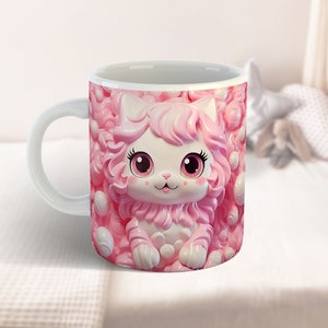 Pink Kawaii 3D Cat Mug Wrap PNG, Inflated Mug Wrap, Cute Kids Mug Wrap for Girls, Pink 11oz & 15oz Sublimation Wrap Design Digital Download