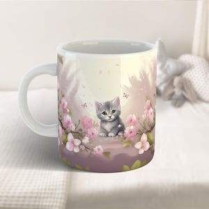 Floral Cute Cat Floral Mug Wrap PNG, 11 oz and 15 oz Kids Mug Wrap, Kawaii Kitten Mug Wrap Sublimation Design PNG, Digital Download