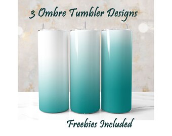 3 Tumbler Wraps da bianco a verde acqua, Tumbler Wrap da bianco a azzurro chiaro, PNG da 20 once, design a sublimazione, Tumbler Wrap turchese con sfondo digitale