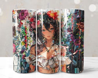 Envoltura de vaso de chica de anime PNG, diseño de sublimación de envoltura de vaso de 20 oz de tendencia, regalo para amantes del anime, descarga digital de plantilla de vaso sin costuras