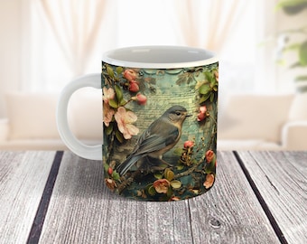 3D Bird Mug Wrap, Teal Ephemera Coffee Mug Sublimation Design (PNG Digital Download)