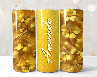 Yellow Glitter 3D Floral Tumbler Wrap, Sublimation Design PNG, Add Your Name (Digital Download)