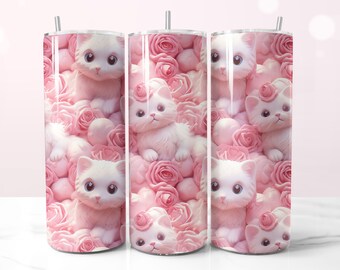 Niedliches Tumbler Wrap mit Katzen und Rosen, nahtlose Katzensublimation 20 Oz Tumbler PNG Designs, rosa flauschiges Kätzchen, Kinder Tumbler Wrap, flauschige Katze