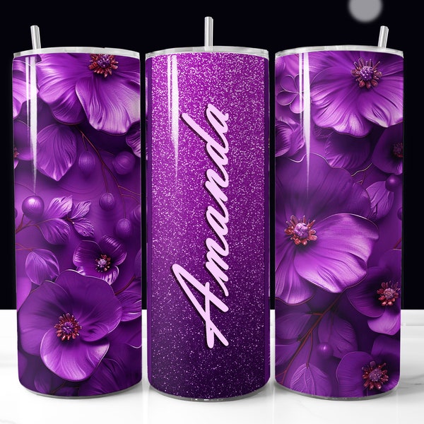 Purple 3D Floral Tumbler Wrap, Purple Glitter Tumbler Wrap PNG, Add Your Own Text, Sublimation Designs, 3D Flowers PNG, Sparkly Tumbler Wrap