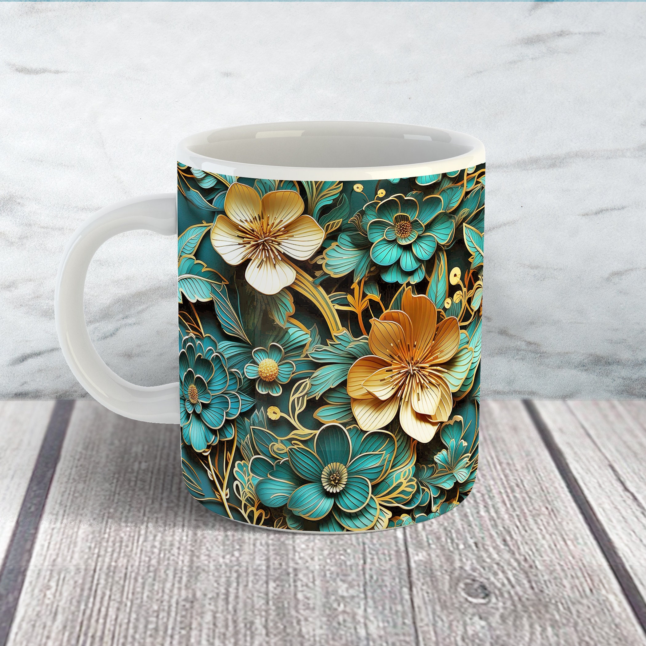 3D Teal Gold Floral Mug Wrap, 11oz and 15oz Gold Teal Flower Mug Wrap, Coffee Mug Wrap PNG, 3D Mug Sublimation Wrap Design, Instant Download