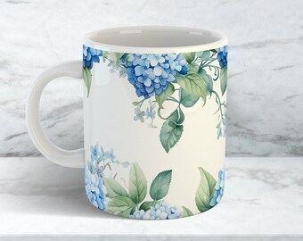 Hydrangea Mug Wrap, 11 oz and 15 oz Mug Template, Floral Border PNG, White Blue Coffee Mug Wrap Sublimation Designs, Cup Wrap, Flower Border